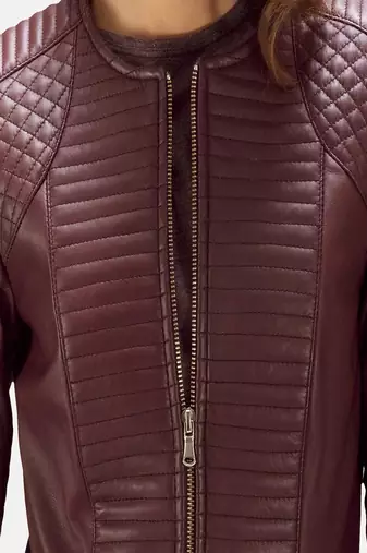 Womens genuine lambskin burgundy leather motorcycle slim fit designer ladies biker jacket-c347