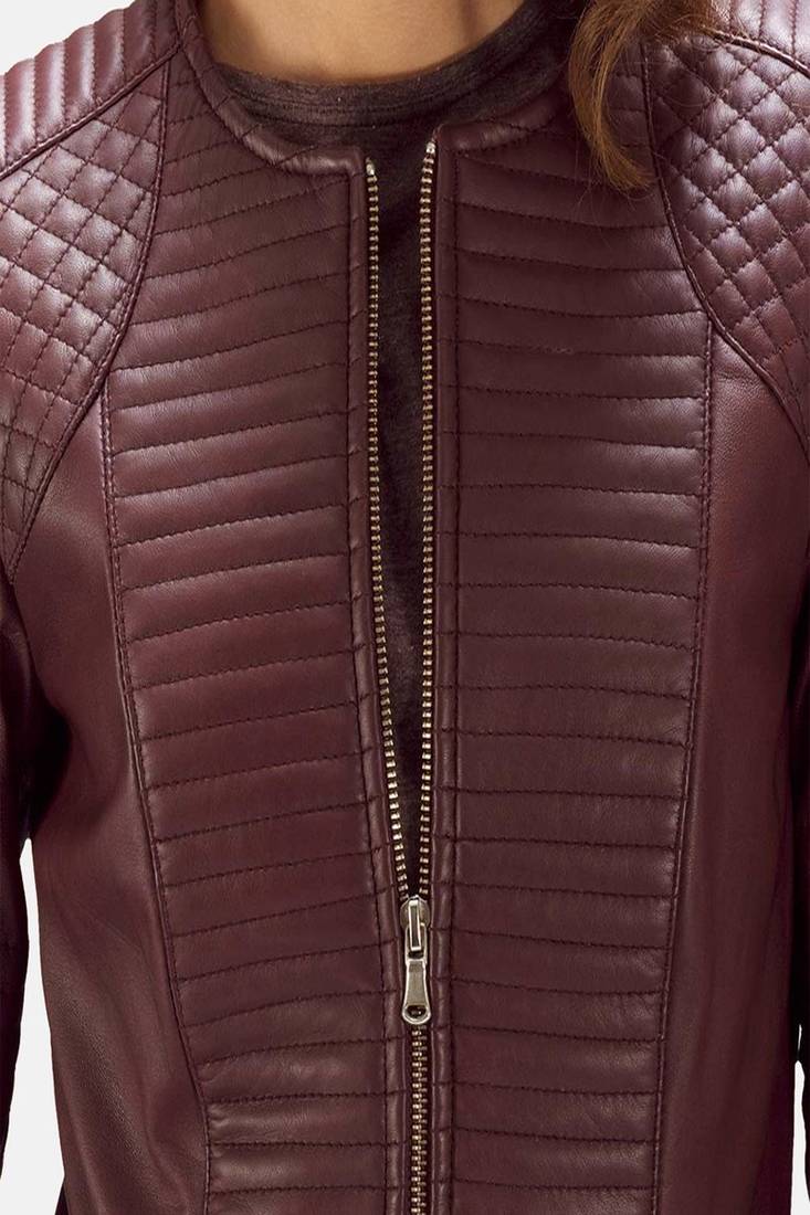 Womens genuine lambskin burgundy leather motorcycle slim fit designer ladies biker jacket-c347