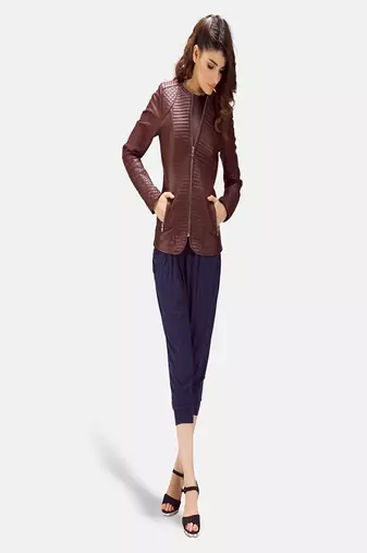 women's burgundy lambskin leather biker jacket classic moto zip style premium