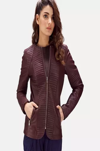 women's burgundy lambskin leather biker jacket classic moto zip style premium