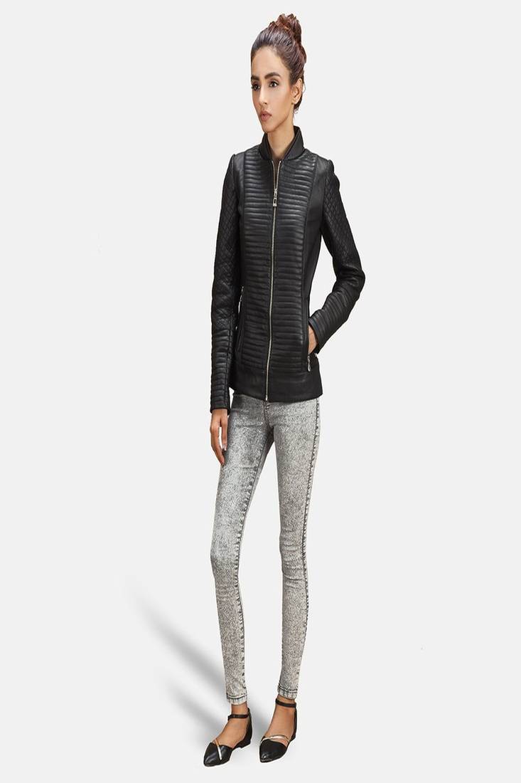 Womens genuine lambskin black leather motorcycle slim fit designer ladies biker jacket-cl-w348