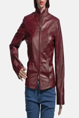women's maroon lambskin leather biker jacket classic moto zip style stylish 1