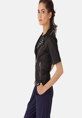 women's black lambskin leather biker jacket classic moto zip style exclusive top grade 4