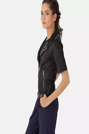 women's black lambskin leather biker jacket classic moto zip style exclusive top grade