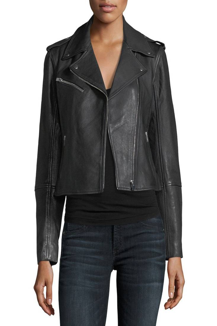 Womens genuine lambskin black leather motorcycle slim fit designer ladies biker jacket-cl-w368