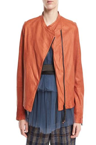 Womens genuine lambskin orange leather motorcycle slim fit designer ladies biker jacket-cl-w370