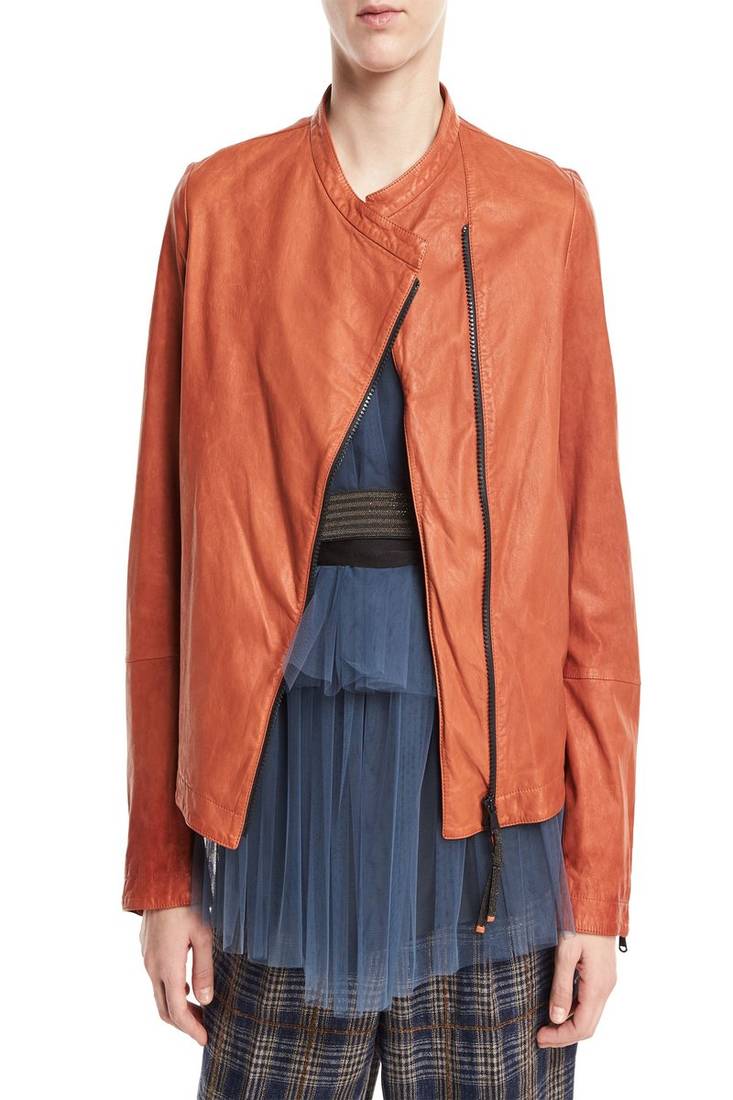 Womens genuine lambskin orange leather motorcycle slim fit designer ladies biker jacket-cl-w370