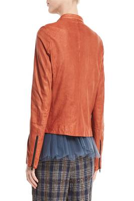women's orange lambskin leather biker jacket classic moto zip style modern 4
