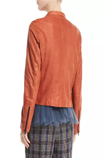 women's orange lambskin leather biker jacket classic moto zip style modern