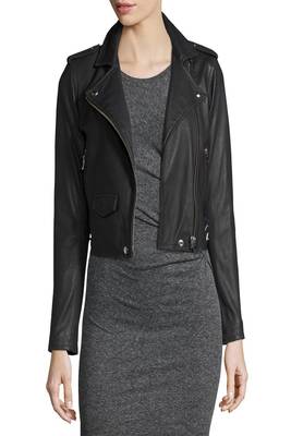 women's black lambskin leather biker jacket classic moto zip style modern refined 1