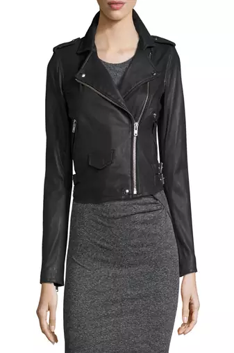 women's black lambskin leather biker jacket classic moto zip style modern refined