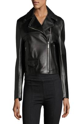 women's black lambskin leather biker jacket classic moto zip style modern elegant 1