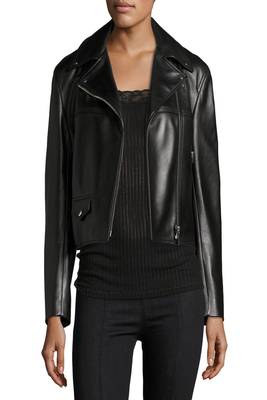 women's black lambskin leather biker jacket classic moto zip style modern elegant 3