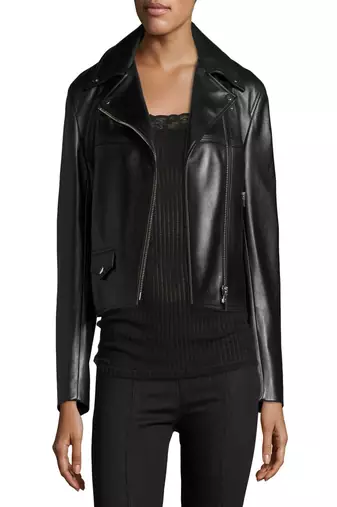 women's black lambskin leather biker jacket classic moto zip style modern elegant