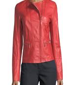 women's red lambskin leather biker jacket classic moto zip style refined