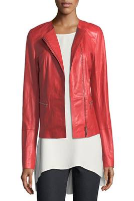 women's red lambskin leather biker jacket classic moto zip style refined 3