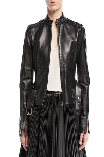 women's black lambskin leather biker jacket classic moto zip style modern timeless