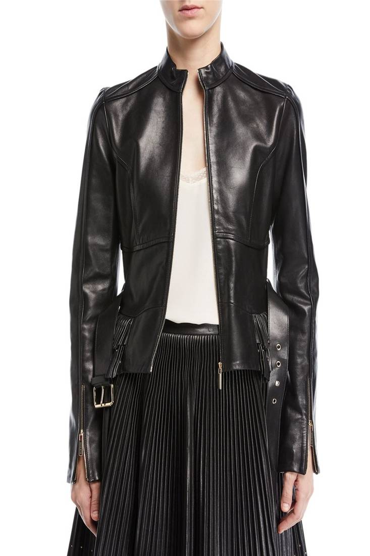 Womens genuine lambskin black leather motorcycle slim fit designer ladies biker jacket-cl-w381