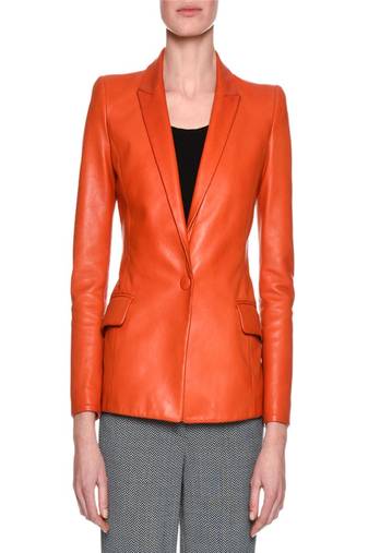 women's orange lambskin leather biker jacket classic moto zip style stylish