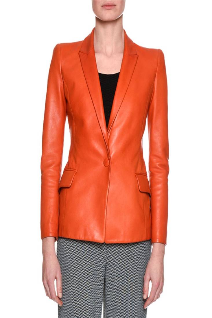 Womens genuine lambskin orange leather motorcycle slim fit designer ladies biker jacket-cl-w384