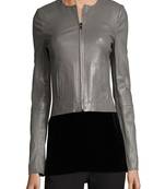 women's grey lambskin leather biker jacket classic moto zip style modern