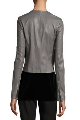 women's grey lambskin leather biker jacket classic moto zip style modern 2