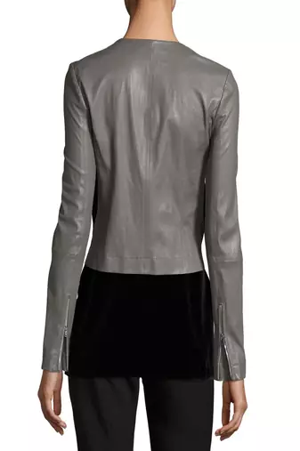 women's grey lambskin leather biker jacket classic moto zip style modern