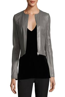 women's grey lambskin leather biker jacket classic moto zip style modern 3
