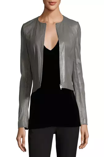 women's grey lambskin leather biker jacket classic moto zip style modern