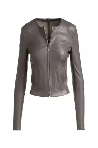 women's grey lambskin leather biker jacket classic moto zip style modern