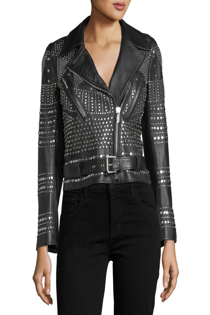 Womens genuine lambskin black leather motorcycle slim fit designer ladies biker jacket-cl-w394
