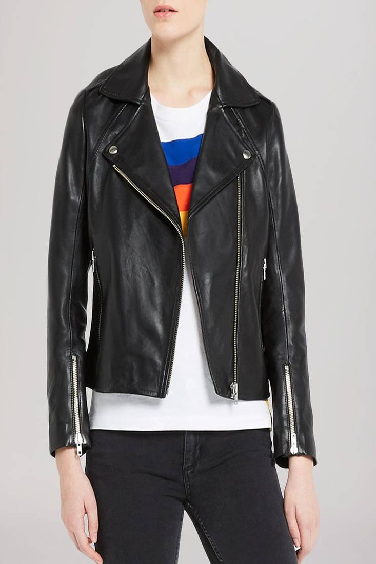 Womens genuine lambskin black leather motorcycle slim fit designer ladies biker jacket-cl-w399