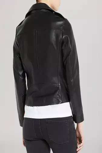 women's black lambskin leather biker jacket classic moto zip style modern advanced