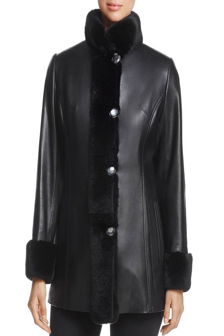 Womens genuine lambskin black leather motorcycle slim fit designer ladies fur coat-cl-w410