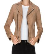 women's beige lambskin leather biker jacket classic moto zip style premium