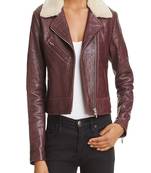 women's maroon lambskin leather biker jacket classic moto zip style elegant