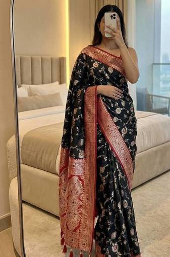 Black Color zari weaving Work silk saree