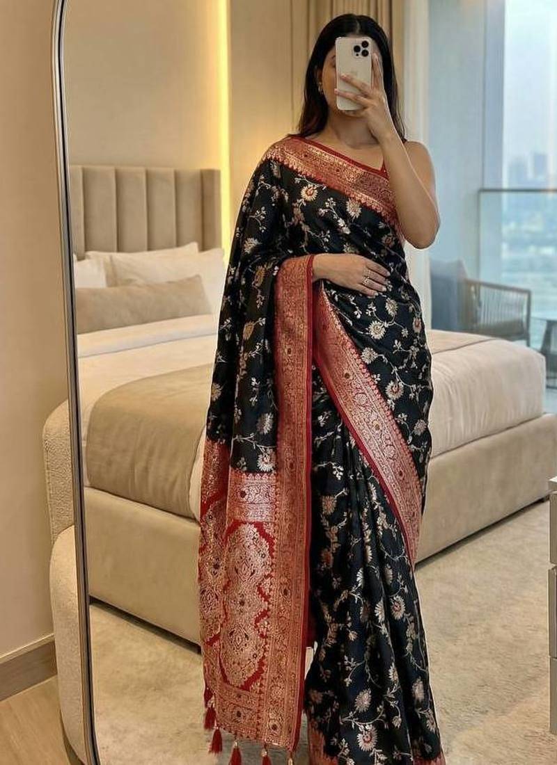 Black Color zari weaving Work silk saree