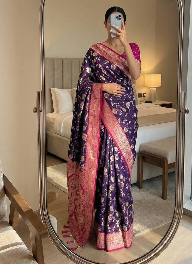 Dark Purple Color zari weaving Work silk saree