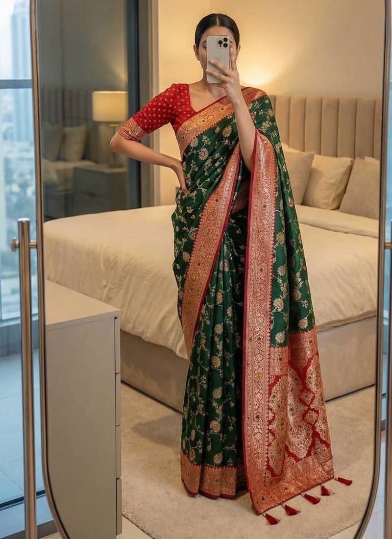 Green Color zari weaving Work silk saree