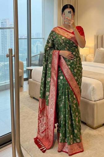 Mehndi Green Color zari weaving Work silk saree