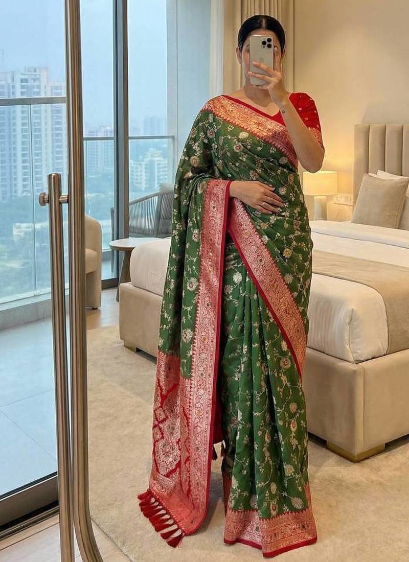 Mehndi Green Color zari weaving Work silk saree