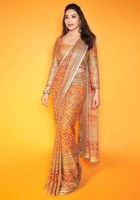 Premium orange chinon silk saree with real mirror work & print 1