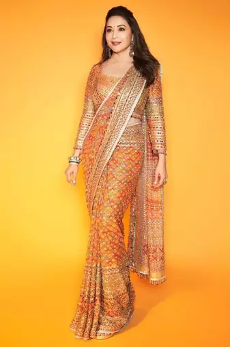 Premium orange chinon silk saree with real mirror work & print