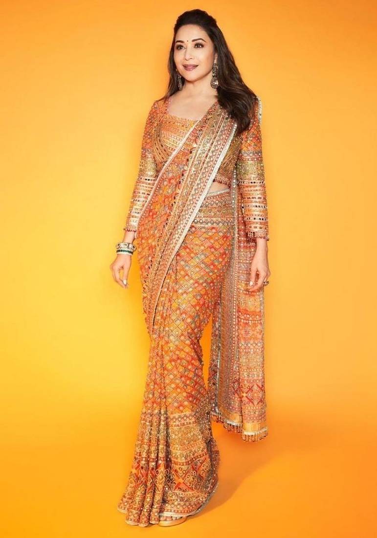 Premium orange chinon silk saree with real mirror work & print