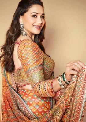 Premium orange chinon silk saree with real mirror work & print 2