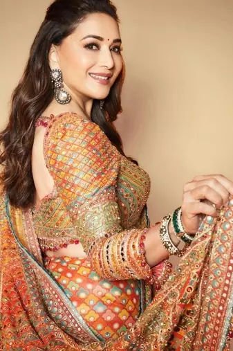 Premium orange chinon silk saree with real mirror work & print