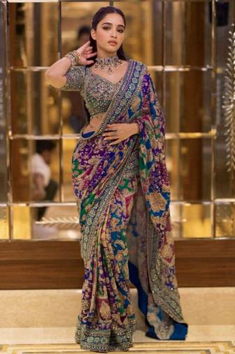 Premium blue chinon silk saree with real mirror work & prints