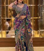 Premium blue chinon silk saree with real mirror work & prints