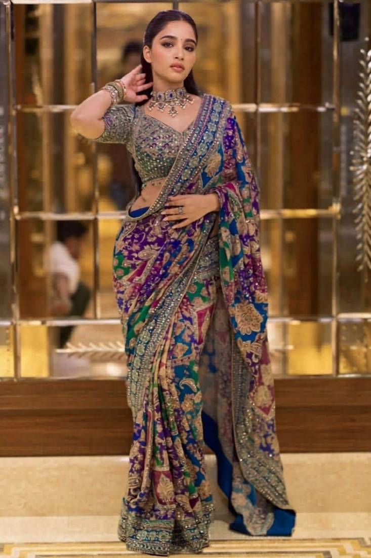 Premium blue chinon silk saree with real mirror work & prints